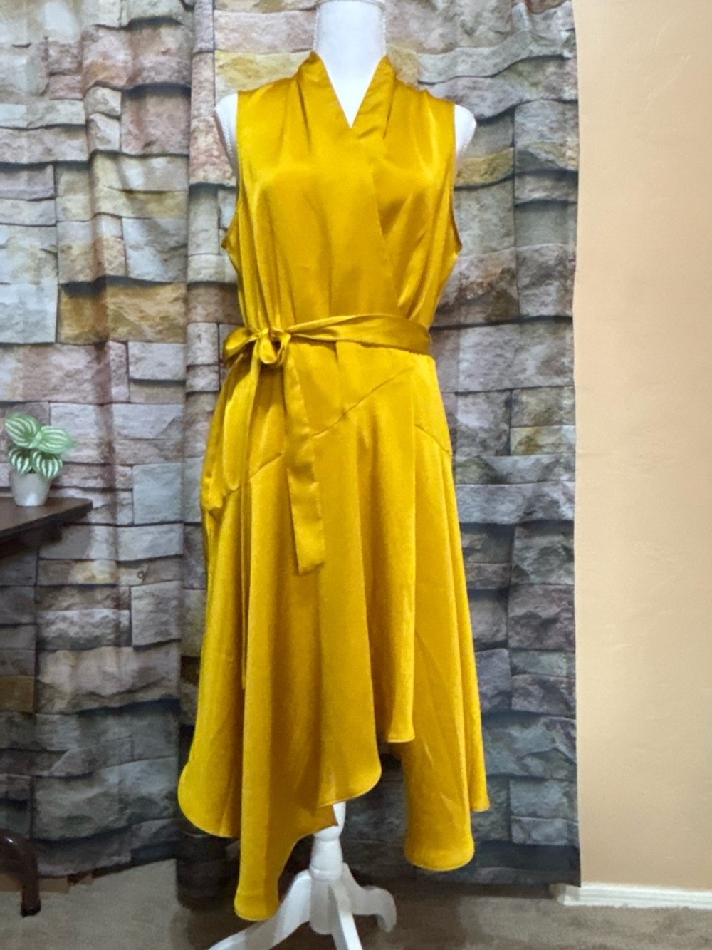 Sleeveless satin festive Mustard High-Low Wrap Dress with Self-Tie Waist